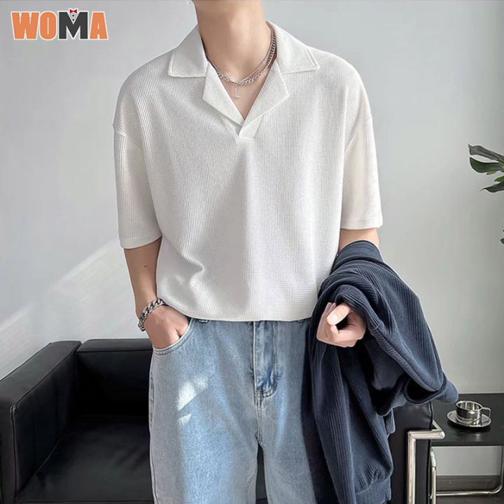 woma-เสื้อสูทคอปกแขนสั้นสำหรับผู้ชาย-เสื้อคอปกแบบลำลองผ้าฝ้ายระบายอากาศได้ดีเสื้อถักแขนสั้นคอวี