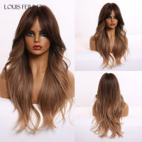 LOUIS FERRE Long Ombre Brown Golden Honey Wig With Bangs Natural Wave Cosplay Synthetic Wig for WhiteBlack Women Heat Resistant