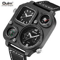 Oulm European radium mens quartz watch fashion watch compass large dial dual time zone belt square watch 【QYUE】