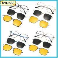 OVERCO UV400 การมองเห็นตอนกลางคืน โลหะสำหรับตกแต่ง แว่นตาคอมพิวเตอร์ แว่นตาป้องกันแสงสีฟ้า แว่น3 in 1 โพลาไรซ์ พร้อมคลิปแม่เหล็กบนแว่นกันแดด