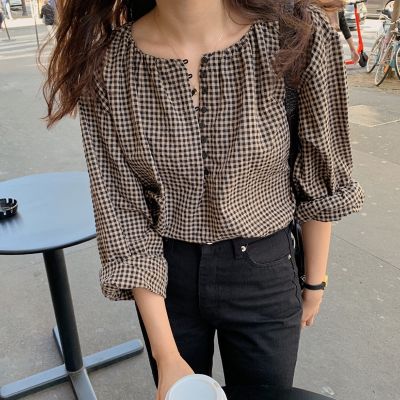 Vintage Plaid Women Korean Style Loose Long Sleeve Shirts Blouse