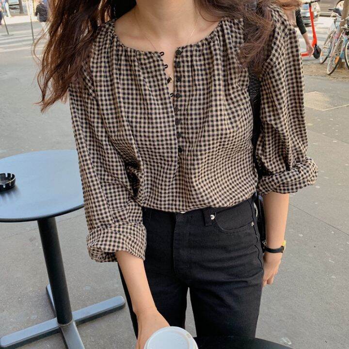 vintage-plaid-women-korean-style-loose-long-sleeve-shirts-blouse