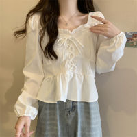 White square-cut collar short shirt female Spring short French chic clavicle waist puff sleeve clavicle Western style top