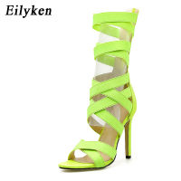 Eilyken Autumn Fashion Fluorescent green Stretch Fabric Zipper Women Sandals Peep Toe High Heels Hollow Out Ankle Boots Sandals