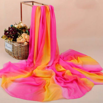 Gradient Rainbow สีขนาดใหญ่ยาวชีฟองผ้าพันคอผ้าไหมสุภาพสตรีของขวัญวันแม่ผ้าพันคอผ้าคลุมไหล่ยาว