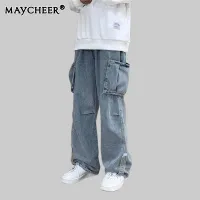 MAYCHEER กางเกงยีนส์ขาตรงผู้ชายแฟชั่นย้อนยุคลำลองทรงหลวมมีหลายช่องกางเกงยีนส์