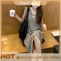 hanshi [2023 new HOT FASHION] lazlook เดรสมิดิลายทางสำหรับผู้หญิงออฟฟิศชุดเดรสทรง A Line แนววินเทจคอวี