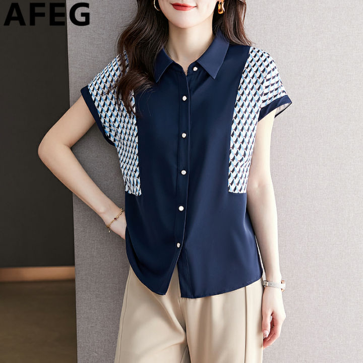 afeg-เสื้อฉบับภาษาเกาหลีผู้หญิง-เสื้อแฟชั่นคอปกทรงหลวมเสื้อชีฟองแขนสั้นผ้าปะพิมพ์ลาย