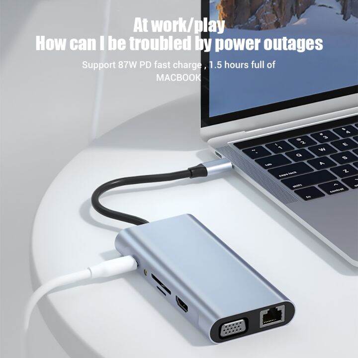 ร้อน-11-in-1-usb-c-hub-type-c-อะแดปเตอร์เพื่อ4พัน-hdmi-เข้ากันได้-vga-rj45-lan-ethernet-sd-tf-aux-11พอร์ตสถานีท่าเรือแล็ปท็อปพีซีแยก