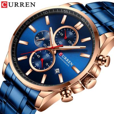 C Urren บุรุษนาฬิกาสาเหตุกีฬานาฬิกายอดนิยมแบรนด์หรูสีฟ้าเต็มเหล็กควอตซ์นาฬิกาข้อมือโครโนกราฟทหารชายนาฬิกา