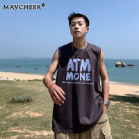 MAYCHEER เสื้อยืดแขนกุดของผู้ชายผ้าทรงหลวมเสื้อกล้ามกีฬาผ้าฝ้ายบริสุทธิ์ผ้าออกกำลังกายบาสเกตบอลเทรนด์กีฬาพิมพ์ลาย