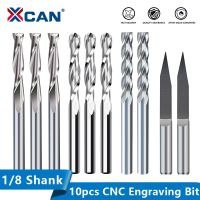 XCAN เครื่องตัดมิลลิ่ง 10pcs 1/8 Shank CNC แกะสลักลูกจมูก End Mill 3 ขลุ่ยแบนมิลลิ่งบิต CNC Router Bit Wood Milling เครื่องมือ