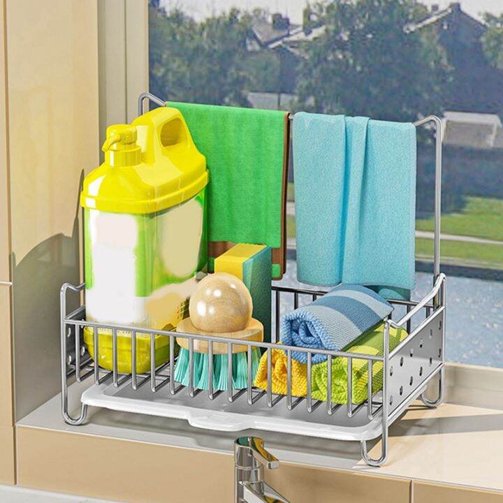 kitchen-sink-caddy-organizer-sponge-holder-for-sink-stainless-steel-soap-brush-dishcloth-holder-with-drain-pan