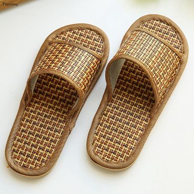 Men and women couples summer leisure home open-toed bamboo and linen flat slippers