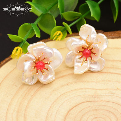 GLSEEVO 925 Sterling Silver Fresh Water Pearl Flower Stud Earring For Women Girl Minimalist Korean Handmade Pearl Jewelry GE0677