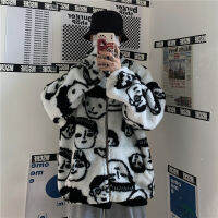 Korean Winter New Harajuku Lazy BF Style Coat Cute Cartoons Printing Full Sleeve Jacket Lambswool Keep Warm Zipper Outerwear