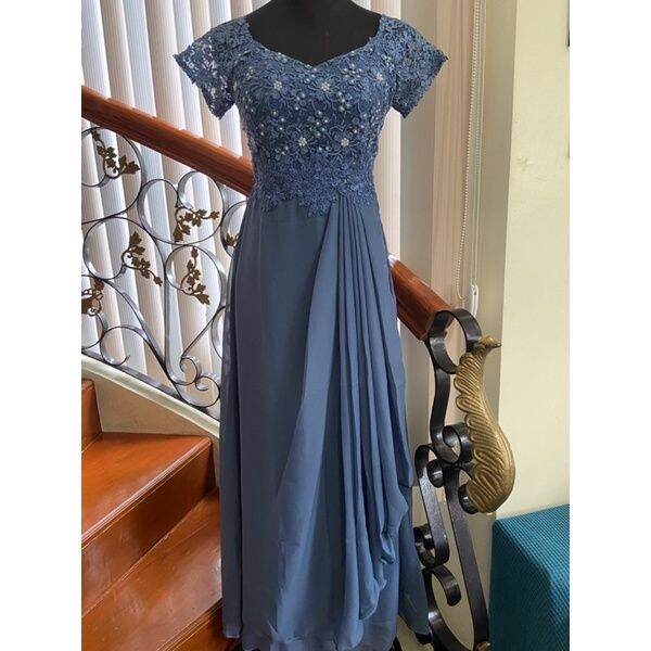 Lace & Beads Bridesmaid off shoulder midi dress in dusty blue | ASOS