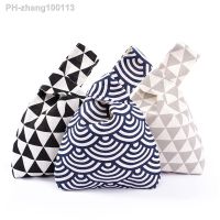 Handmade Knit Handbag Women Mini Knot Wrist Bag Japanese Casual Color Wide Stripe Plaid Tote Bag Student Reusable Shopping Bags