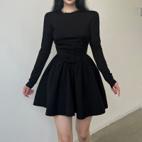 Spot parcel post French Hepburn Style Elegant Black Small round Neck Waist Split Puff Short Skirt Long Sleeve Slim Fit Slimming A Expansion Skirt Women