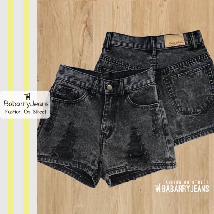 พร้อมส่ง-babarryjeans-ยีนส์ขาดสั้นเอวสูง-ยีนส์ขาด-สีดำสโนว