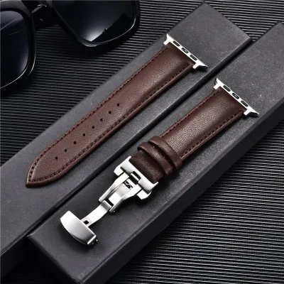 Genuine Leather Watch Straps for Apple Watch 8 7 6 SE 5 4 3 Butterfly Buckle Watchband 38mm 40mm 41mm 42mm 44mm 45mm for iwatch