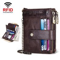 ZZOOI Genuine Leather Mens Wallet for Card Luxury Design RFID Card Holder Zipper Coin Purse Quality Male Clutch with Anti-thef Chain