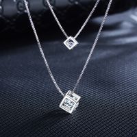 Real 925 Sterling Silver Double Layer Crystal Square Charm Pendant Necklace For Women Wedding Romantic Jewelry Choker Collar