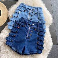 COD 2022 New summer denim shorts womens high waist slimming Casual shorts side metal breasted motorcycle wide-leg hot d