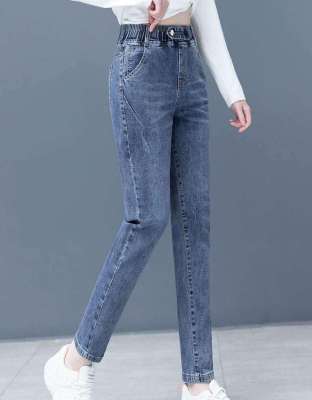 ผู้หญิงกางเกงยีนส์วินเทจสีน้ำเงินบางพอดีเอวสูงผู้หญิงกางเกงยีนส์แฟชั่นสบาย ๆ ฤดูใบไม้ร่วงใหม่บวกขนาดกางเกงสุภาพสตรี