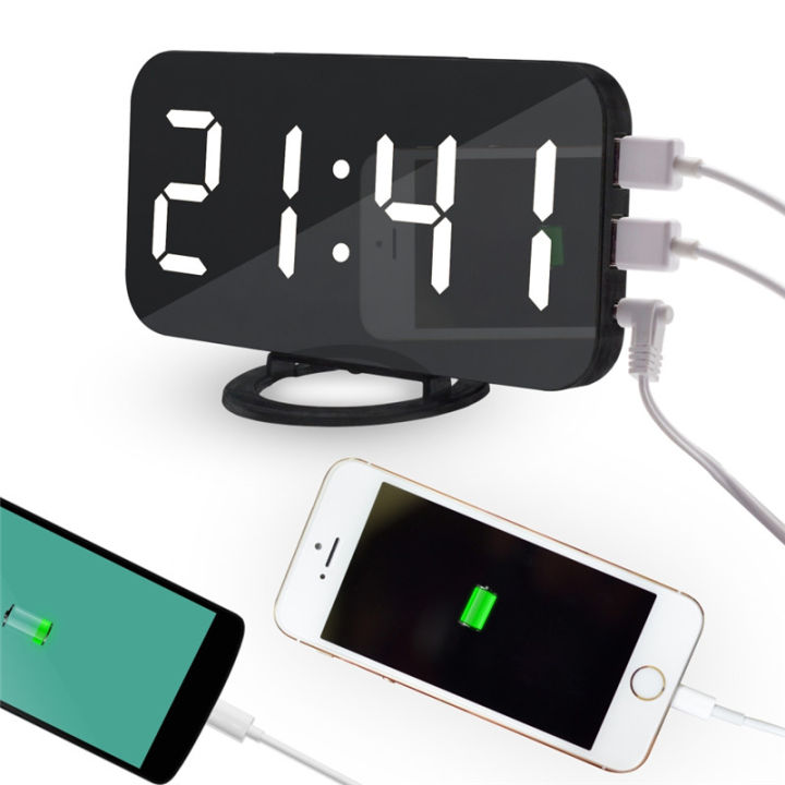 worth-buy-โต๊ะนาฬิกาปลุกสนู๊ซกระจกนาฬิกาปลุกแอลอีดีดิจิทัลโต๊ะไฟ-led-2ชาร์จพอร์ต-usb-สำหรับ-iphone-และโทรศัพท์
