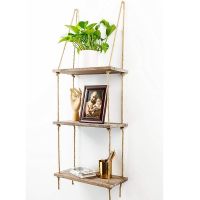 1 2 3 Tier Rustic Wooden Hanging Rope Shelf-Handmade Solid Wood Floating Shelves Home Decorative Wall Mounted Rack