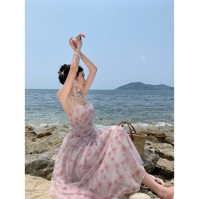 Summer new han edition show thin pink rose hanging neck chiffon dress