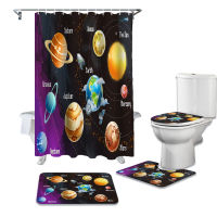 Cartoon Solar System Bathroom Curtain Set Bath Mat Sets Shower Curtains with Hooks Non-Slip Pedestal Rug Toilet Cover