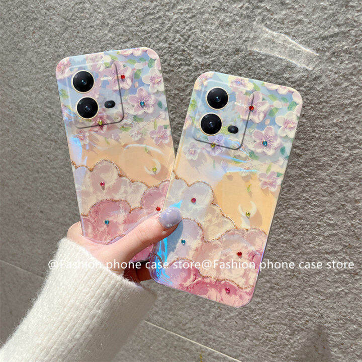 เคสโทรศัพท์-vivo-v25e-v25-pro-5g-y35-2022-phone-case-ปลอกใหม่หรูหรา-vintage-blu-ray-rhinestone-camellia-ดอกไม้-soft-cover