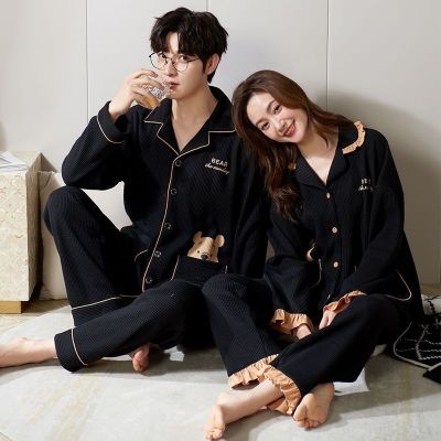 MUJI High quality 2 sets of price couple pajamas autumn and winter womens long-sleeved waffle cotton cardigan men can wear outside spring and autumn home clothes