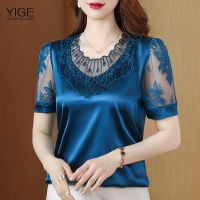 YIGE 2021ฤดูร้อนใหม่ซาตินยางยืดลูกไม้เย็บ Top Solid สีขนาดใหญ่เสื้อยืดสตรี