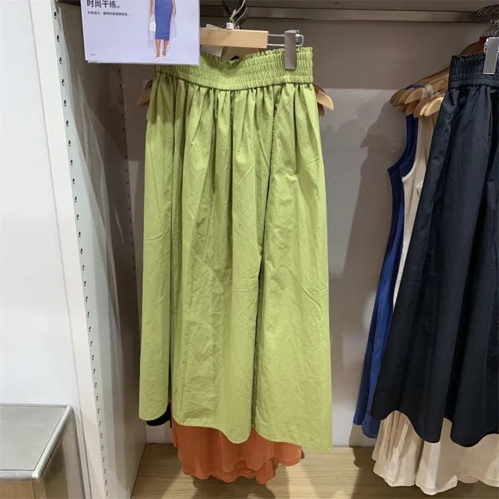 uniqlo-กระโปรงพลีทกระโปรงแสงกระโปรงทรงเอยาว2023สไตล์ฤดูร้อนผลิตในห้องลองเสื้อกระโปรงเอวยางยืดทรงหลวม