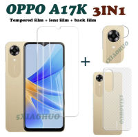 (3in1) สำหรับ OPPO A17K A17ฟิล์มปกป้องหน้าจอ A77S OPPO กระจกนิรภัยเทมเปอร์โปร่งแสงแบบเต็มหน้าจอ + ฟิล์มหลังคาร์บอนไฟเบอร์ + ฟิล์มเลนส์กล้องถ่ายรูป