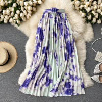 Ins New Hot Tie Dye Print Long Skirt for Women Elegant Belted High Elastic Waist Pleated Skirt Casual Female Work Daily Skirts