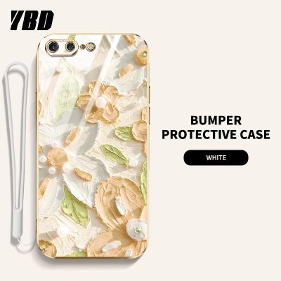 YBDเคสดอกไม้ไข่มุกใช้ได้กับ iPhone 7 Plus 8 Plus 6 6S Plus SE 2020 ดีไซน์ใหม่เคสโทรศัพท์กันกระแทกลวดลายภาพวาดสีน้ำมันเคสแถมฟรีสายคล้องนิ่ม