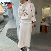 Neploe Casual Hooded Drawstring Sweatshirts Women Fake Two Piece Suit Patchwork Letter Hoodie Tops Mujer Fall 2022 Sweatshirt