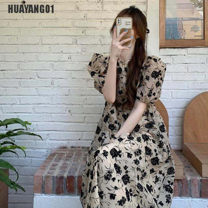 huayang01คอกลมสำหรับผู้หญิงเดรสแขนสั้นฤดูร้อนสง่างามใส่ได้ทุกวันสไตล์เกาหลีชุดเดรสลำลองนักศึกษา