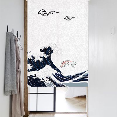 Simple Japanese Style Wave Retro Cotton Linen Door Curtain Unique Creative Fabric Feng Shui Can Be Customized Non-Perforated Partition Study Living Room Bedroom Restaurant Decoration Half