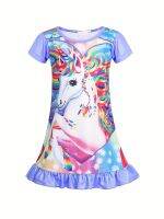 Girls Unicorn Print Nightdress Short Sleeve Ruffle Hem Nightgowns Sleepwear Pajama Dresses Summer Clothes