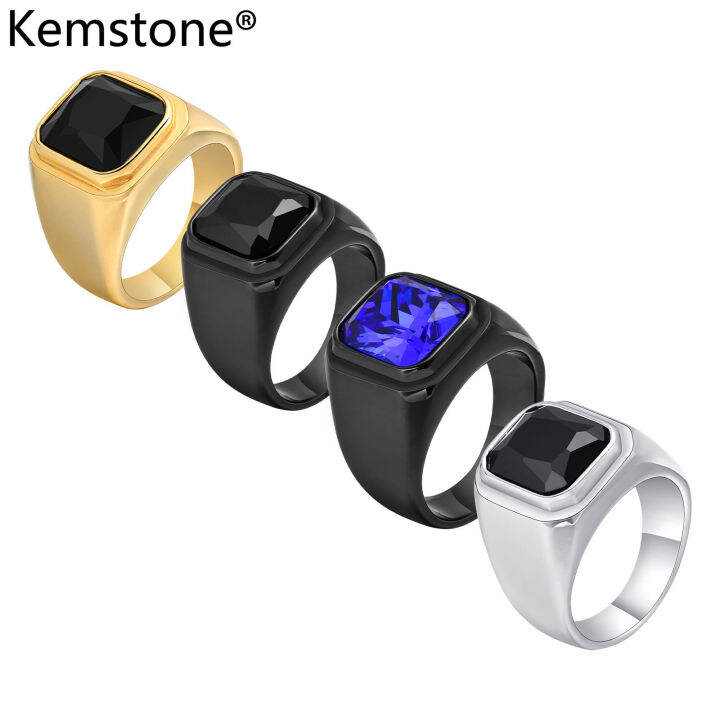 Kemstone Stainless Steel Black Blue Glass Ring Gold Silver Plated Ring