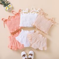 Infant Baby Girls Two-Piece Clothes Outfit, Tie-Up Spaghetti Strap Sleeveless Ruched Solid Color Tank Tops + Shorts  by Hs2023