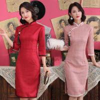 【CW】Literary Plaid Suede Cheongsam 2022 Autumn Improved Mid-sleeve Self-cultivation Mid-length Daily Chinese Qipao Dress for Women