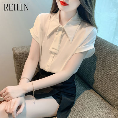 REHIN เสื้อผู้หญิงฉบับภาษาเกาหลีคอปกผ้าซาตินหลวม,เสื้อเสื้อหรูหราแขนสั้นทรงหลวมฤดูร้อนที่สง่างาม