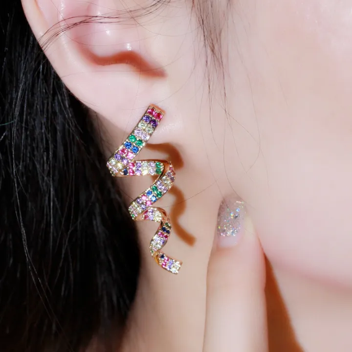 sequito-ขายร้อนชุบทองฝังเต็มรูปแบบสีสัน-cubic-zircon-ยาวเกลียวต่างหูผู้หญิงอินเทรนด์-rainbow-party-เครื่องประดับสำหรับไนท์คลับ-se632