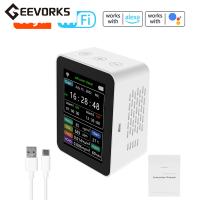 Geevorks Tuya เครื่องตรวจจับคุณภาพอากาศอัจฉริยะ Wi-Fi,PM2.5 CO2 TVOC เครื่องวัดอุณหภูมิความชื้น6 In 1เครื่องตรวจจับหน้าจอข้อมูลเวลาสัปดาห์แอปโทรศัพท์มือถือแสดง2ชุดนาฬิกาปลุกเครื่องหน้าจอที่มีคุณภาพอากาศตั้งโต๊ะในบ้านในร่ม